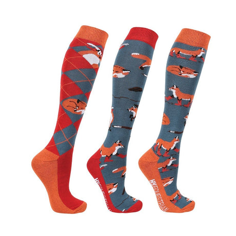 Hy Equestrian Frivolous Fox Socks Pack of 3 #colour_blue-red-pumpkin